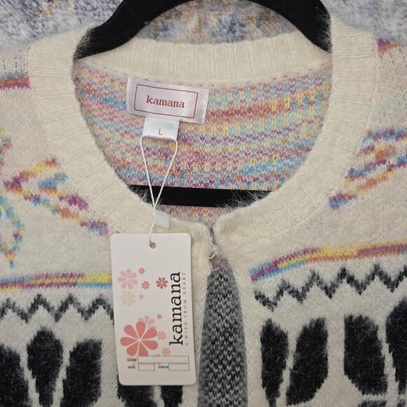 Kamana Cardigan Sweater Womens Large White Black Geometric Long Line Knit Cozy - Picture 3 of 10